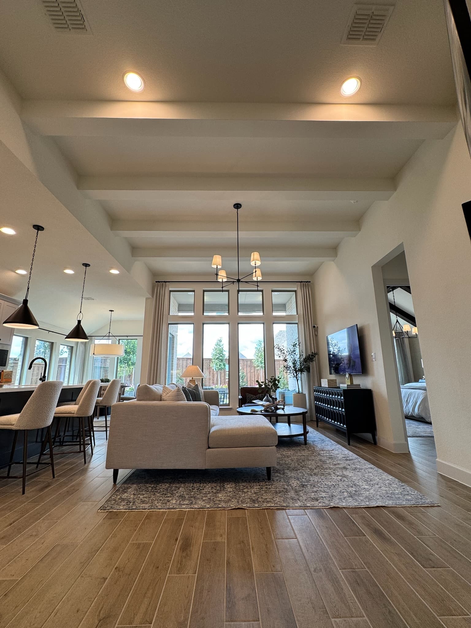 Coffered Ceiling Beams in Open Living Room